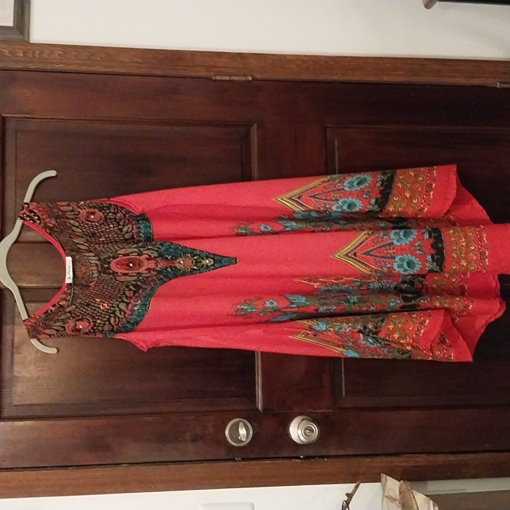LADIES COOL RED/TURQUOISE, RHINESTONE/PEARL embellished tent dress, sz L, NWOT
